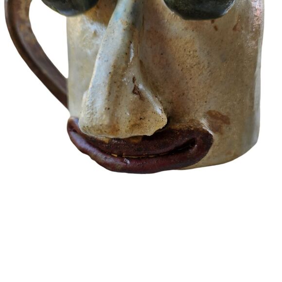 Ugly Face Pottery Mug Big Eyeballs Clay Coffee cup Brown Tan Beige Vintage Heavy - Picture 5 of 10